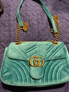 Teal Quilted Velvet Shoulder Bag with Gold Double-G Accent